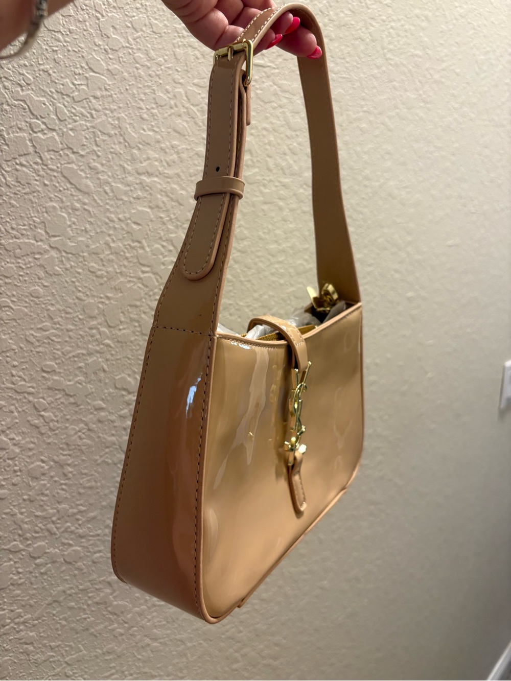 Patent Leather Shoulder Bag in Nude Tan - Chic Women's Handbag